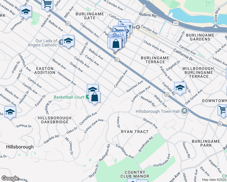 map of restaurants, bars, coffee shops, grocery stores, and more near 1815 Carmelita Avenue in Burlingame