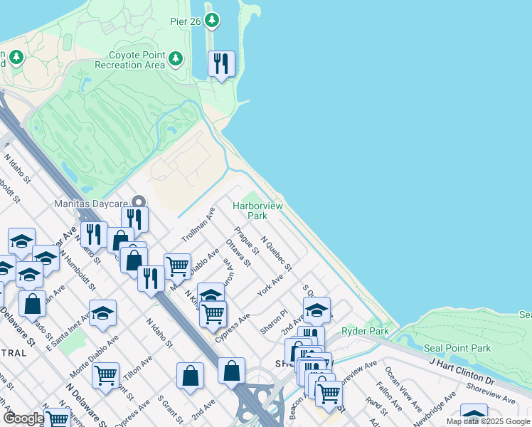 map of restaurants, bars, coffee shops, grocery stores, and more near 136 North Rochester Street in San Mateo