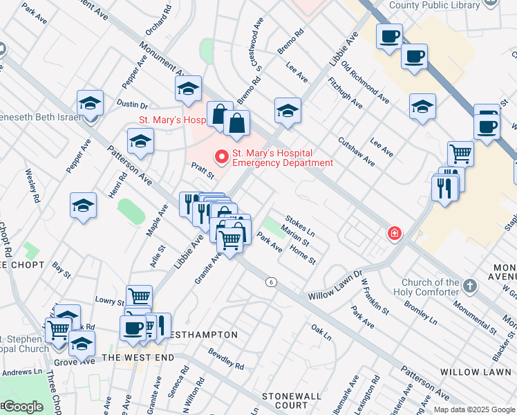 map of restaurants, bars, coffee shops, grocery stores, and more near 5704 Bromley Lane in Richmond