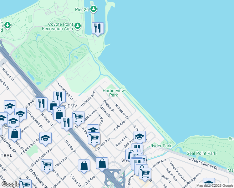 map of restaurants, bars, coffee shops, grocery stores, and more near 136 North Rochester Street in San Mateo