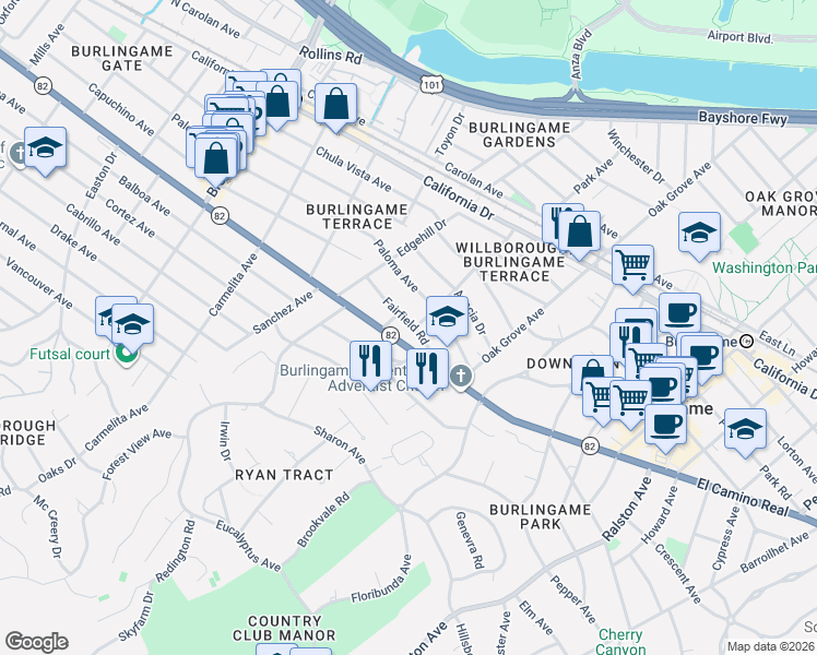 map of restaurants, bars, coffee shops, grocery stores, and more near 801 Fairfield Road in Burlingame