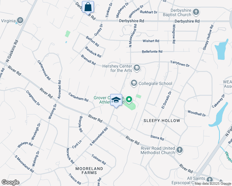 map of restaurants, bars, coffee shops, grocery stores, and more near 9001 Rio Grande Road in Richmond