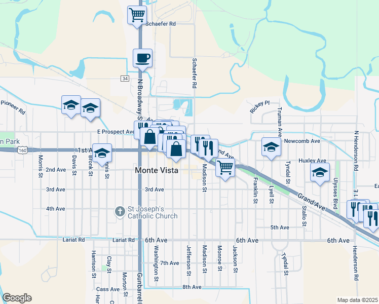 map of restaurants, bars, coffee shops, grocery stores, and more near 110 Jefferson Street in Monte Vista