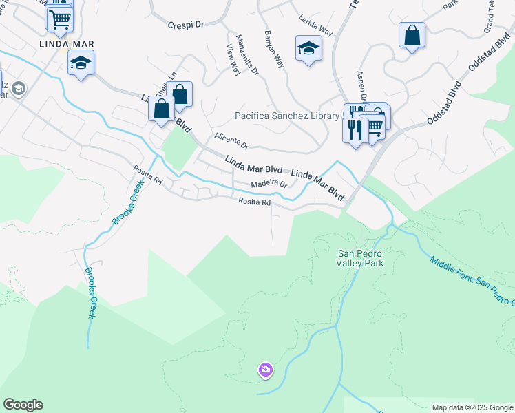 map of restaurants, bars, coffee shops, grocery stores, and more near 1468 Rosita Road in Pacifica