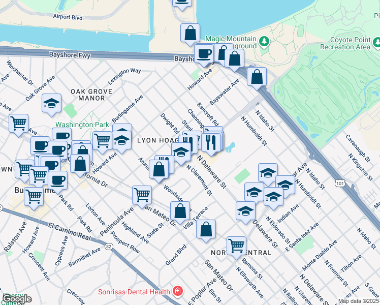 map of restaurants, bars, coffee shops, grocery stores, and more near 23 Dwight Road in Burlingame