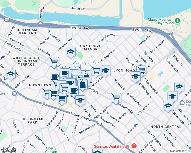 map of restaurants, bars, coffee shops, grocery stores, and more near 250 Myrtle Road in Burlingame