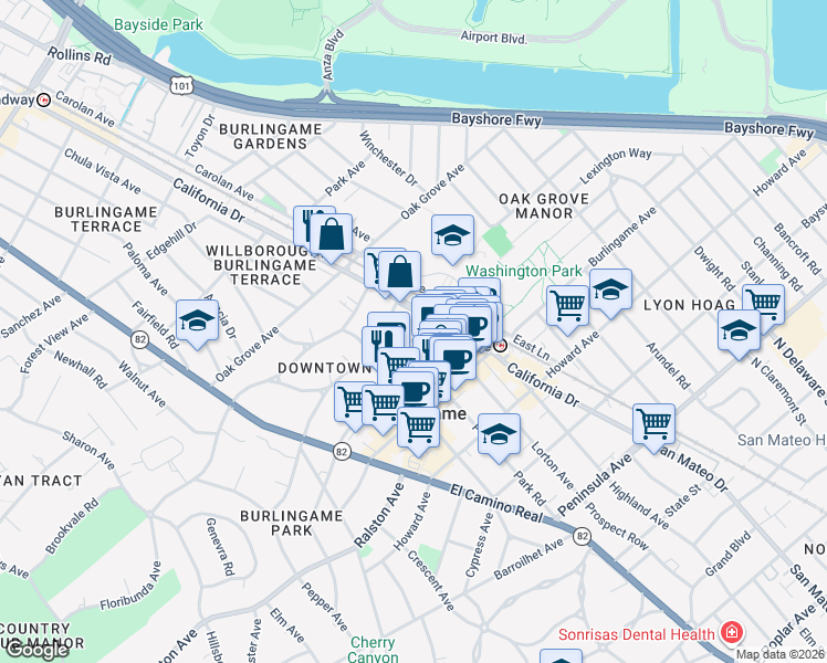 map of restaurants, bars, coffee shops, grocery stores, and more near 1103 Douglas Avenue in Burlingame