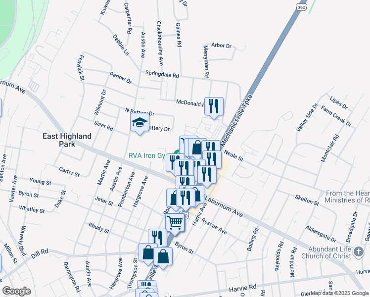 map of restaurants, bars, coffee shops, grocery stores, and more near 1929 South Battery Drive in Richmond