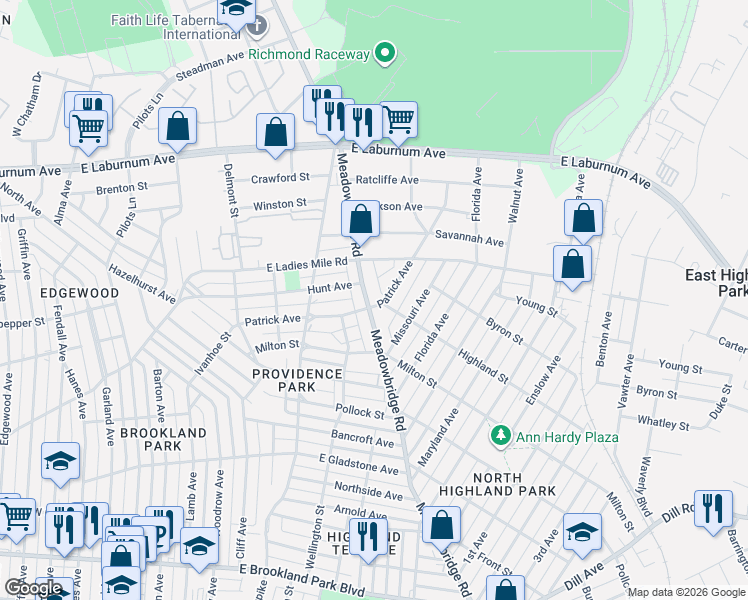 map of restaurants, bars, coffee shops, grocery stores, and more near 3511 Meadowbridge Road in Richmond