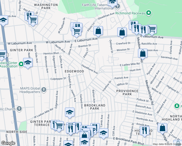 map of restaurants, bars, coffee shops, grocery stores, and more near 3407 Hazelhurst Avenue in Richmond