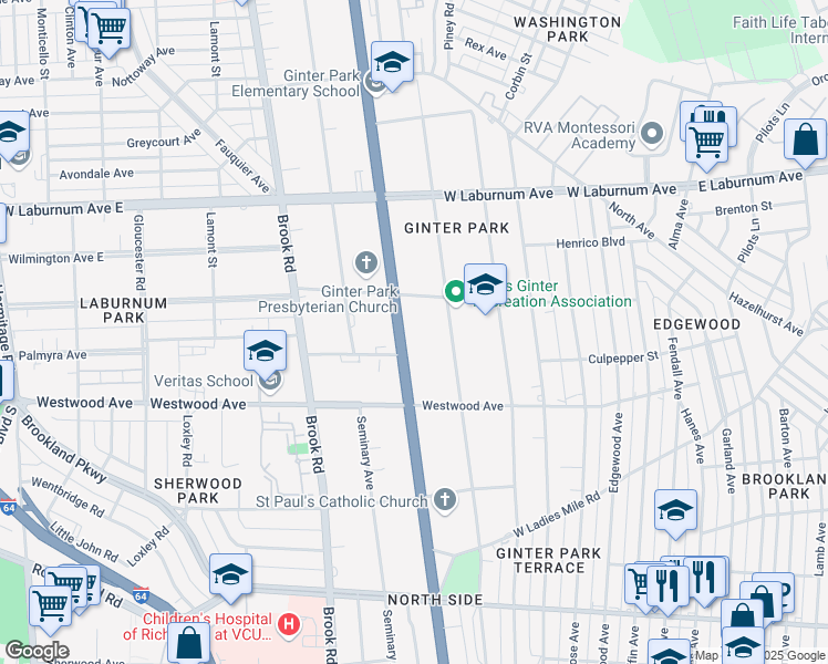 map of restaurants, bars, coffee shops, grocery stores, and more near 3511 Chamberlayne Avenue in Richmond