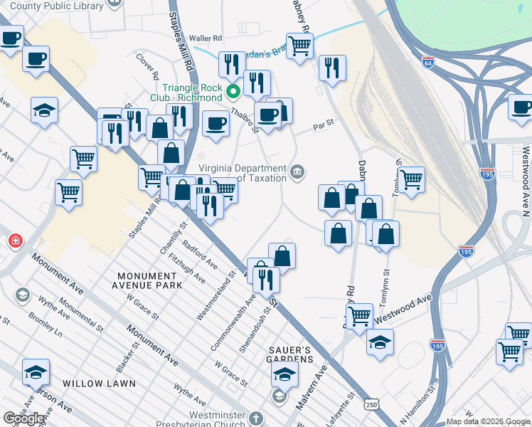 map of restaurants, bars, coffee shops, grocery stores, and more near in Richmond