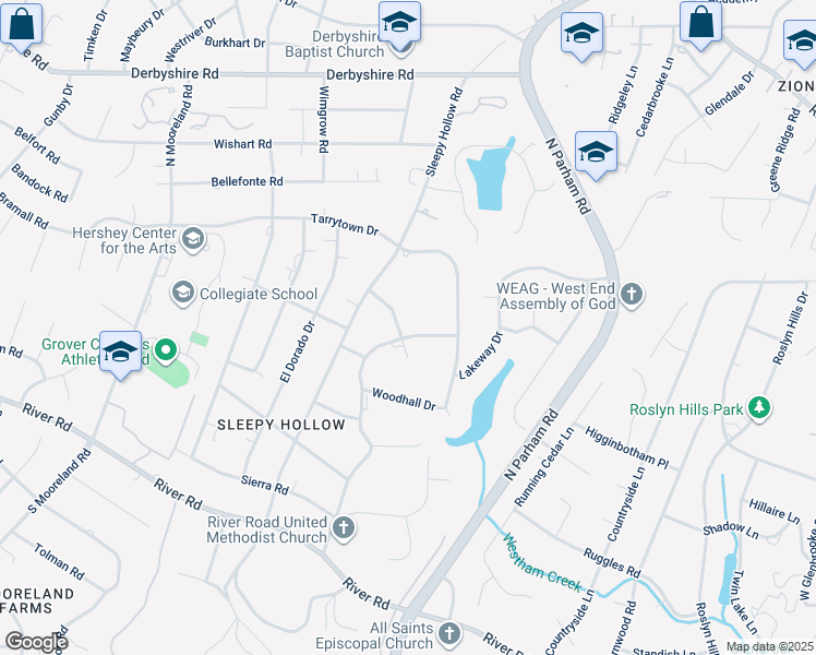 map of restaurants, bars, coffee shops, grocery stores, and more near 8650 Riverwood Drive in Richmond