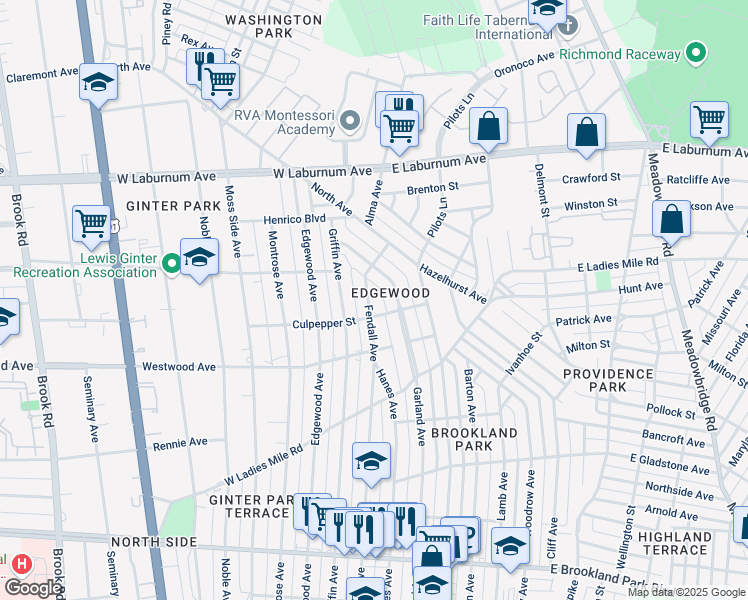 map of restaurants, bars, coffee shops, grocery stores, and more near 3509 Fendall Avenue in Richmond
