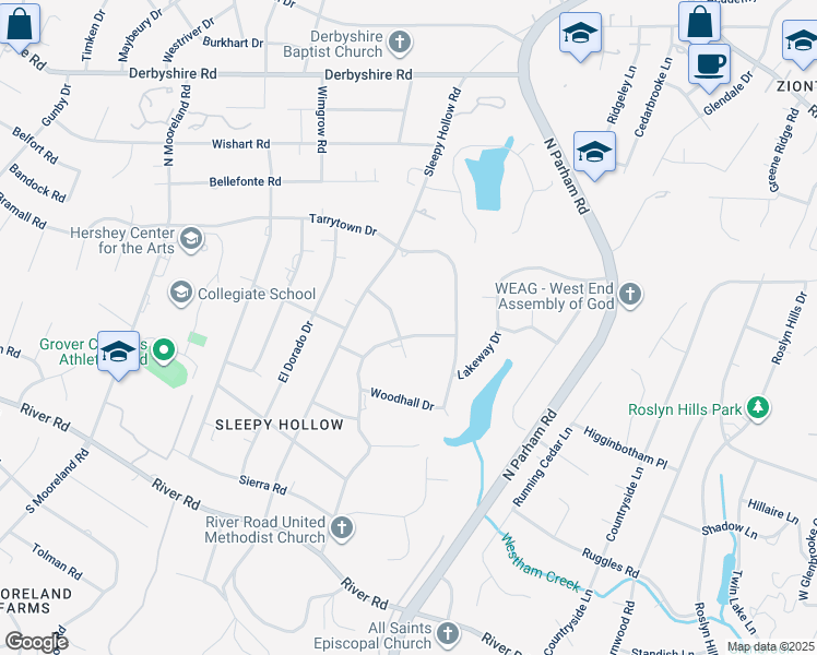 map of restaurants, bars, coffee shops, grocery stores, and more near 8650 Riverwood Drive in Richmond