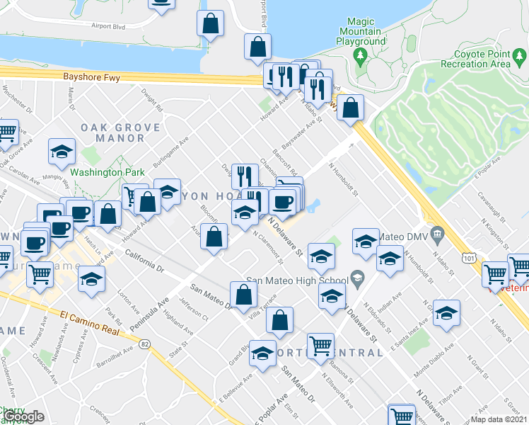 map of restaurants, bars, coffee shops, grocery stores, and more near Peninsula Ave & N Delaware St in Burlingame