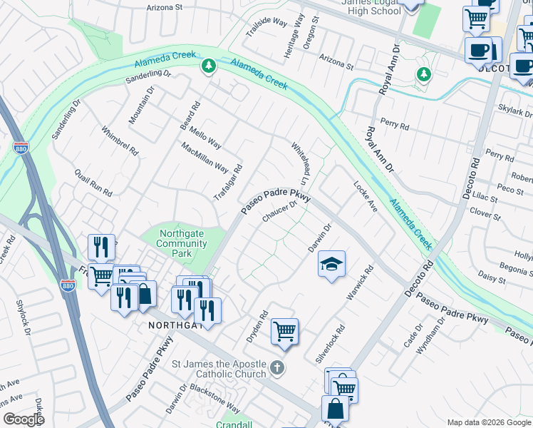 map of restaurants, bars, coffee shops, grocery stores, and more near 34288 Torrington Place in Fremont