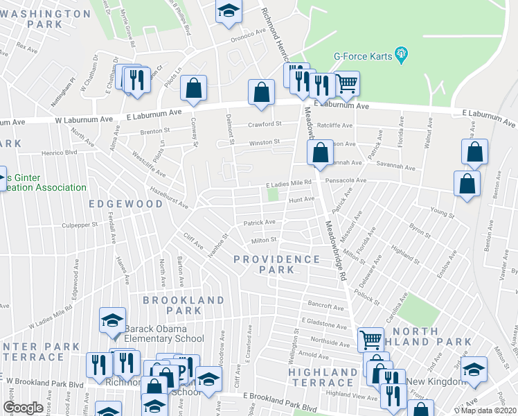 map of restaurants, bars, coffee shops, grocery stores, and more near 425 Hunt Avenue in Richmond