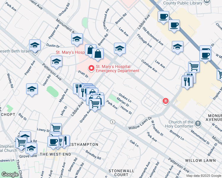 map of restaurants, bars, coffee shops, grocery stores, and more near 1109 Granite Avenue in Richmond