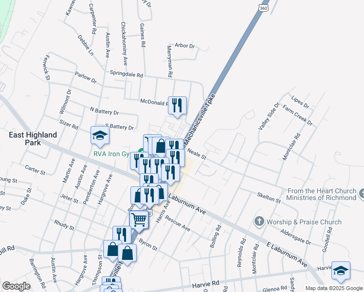 map of restaurants, bars, coffee shops, grocery stores, and more near Neale Street in Richmond