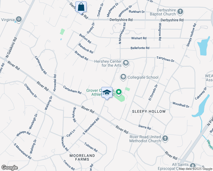 map of restaurants, bars, coffee shops, grocery stores, and more near 9001 Rio Grande Road in Richmond