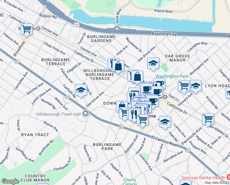 map of restaurants, bars, coffee shops, grocery stores, and more near 1416 Floribunda Avenue in Burlingame