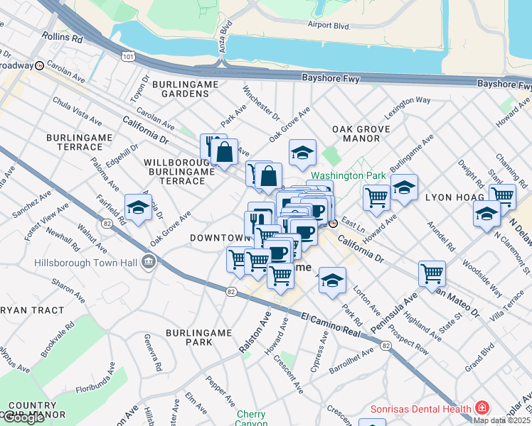 map of restaurants, bars, coffee shops, grocery stores, and more near 1121 Douglas Avenue in Burlingame