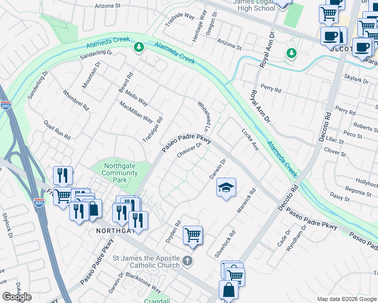 map of restaurants, bars, coffee shops, grocery stores, and more near 34331 Atteridge Court in Fremont