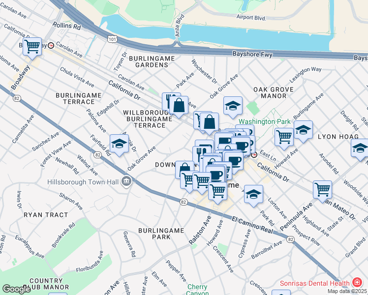 map of restaurants, bars, coffee shops, grocery stores, and more near Floribunda Avenue & Primrose Road in Burlingame