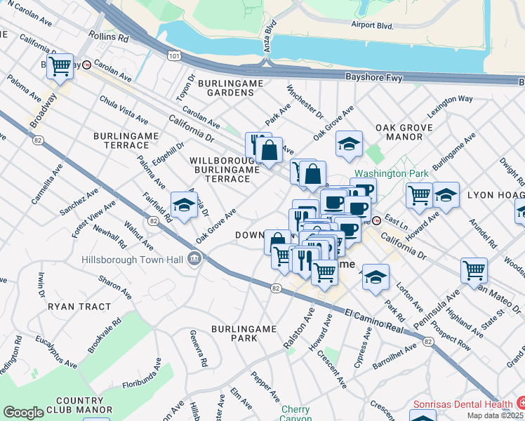 map of restaurants, bars, coffee shops, grocery stores, and more near 1416 Floribunda Avenue in Burlingame