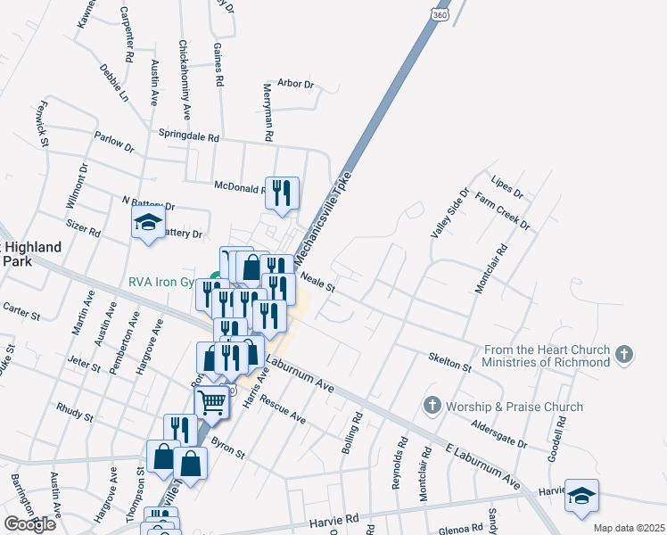 map of restaurants, bars, coffee shops, grocery stores, and more near 4101 Mechanicsville Turnpike in Richmond