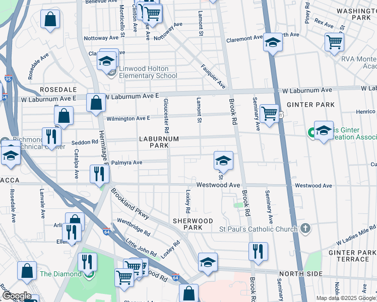 map of restaurants, bars, coffee shops, grocery stores, and more near 1404 Palmyra Ave in Richmond