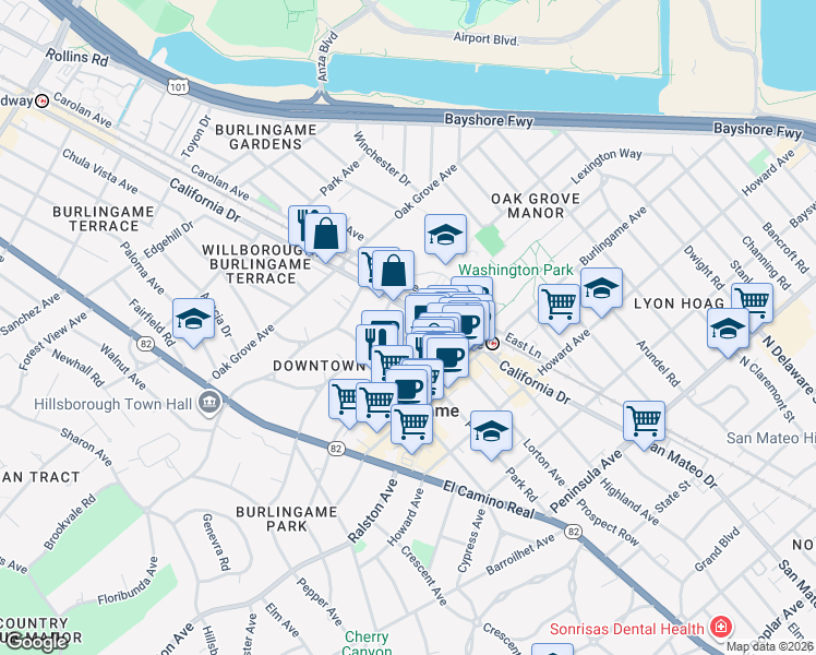 map of restaurants, bars, coffee shops, grocery stores, and more near 1210 Bellevue Avenue in Burlingame