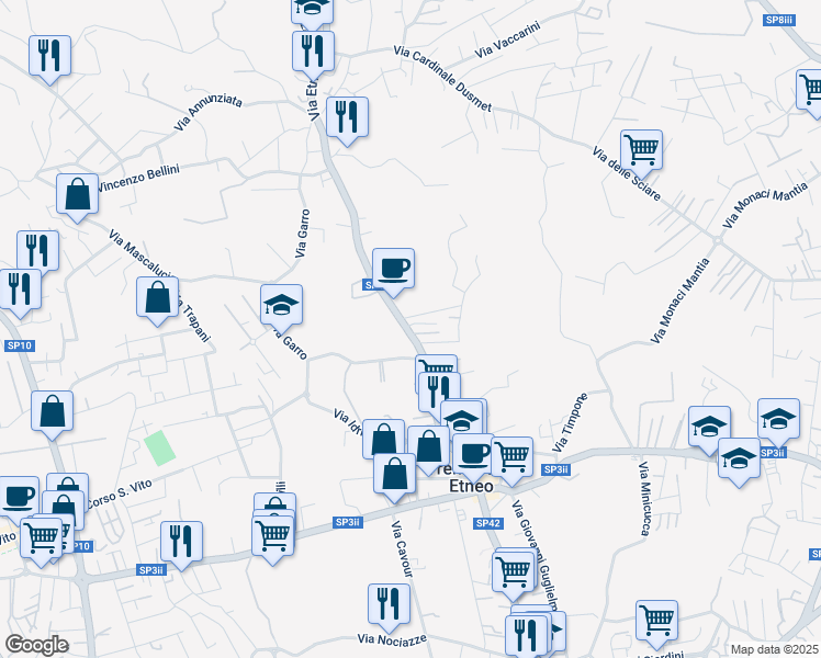 map of restaurants, bars, coffee shops, grocery stores, and more near 400 Via Etnea in Tremestieri Etneo