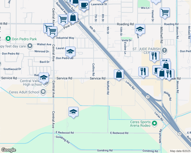 map of restaurants, bars, coffee shops, grocery stores, and more near 2516 Lynell Avenue in Ceres