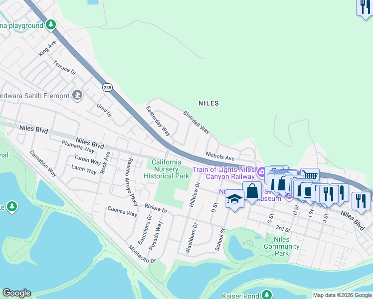 map of restaurants, bars, coffee shops, grocery stores, and more near 15 Montalban Drive in Fremont