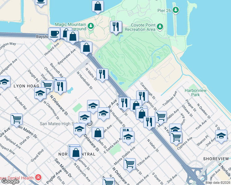 map of restaurants, bars, coffee shops, grocery stores, and more near 601 North Amphlett Boulevard in San Mateo