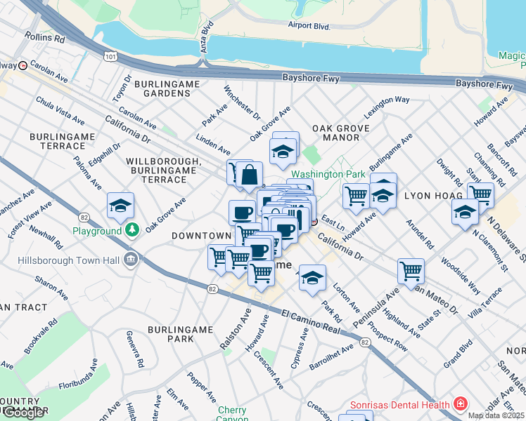 map of restaurants, bars, coffee shops, grocery stores, and more near 405 California Drive in Burlingame