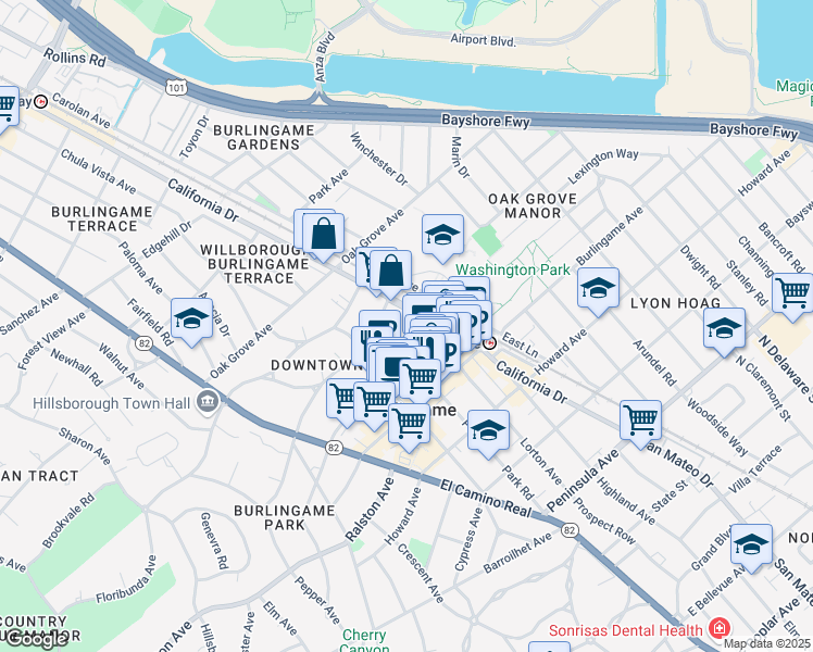 map of restaurants, bars, coffee shops, grocery stores, and more near 1103 Douglas Avenue in Burlingame