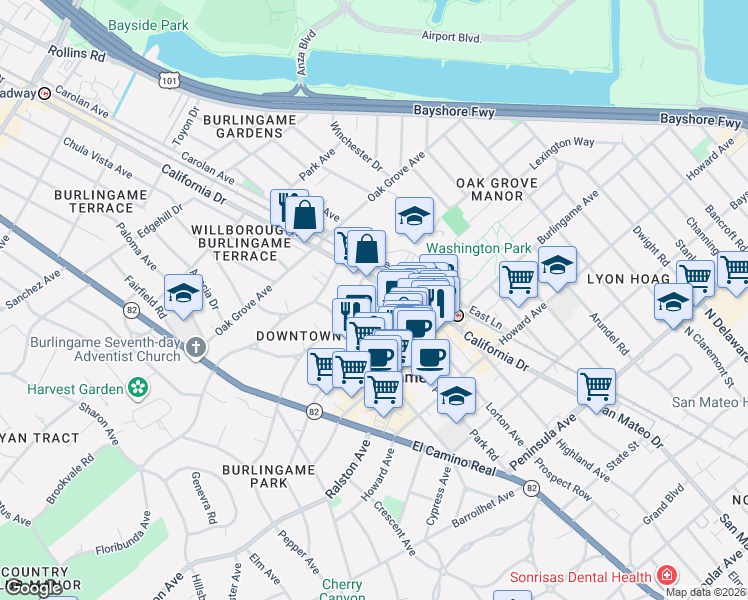 map of restaurants, bars, coffee shops, grocery stores, and more near 1103 Douglas Avenue in Burlingame