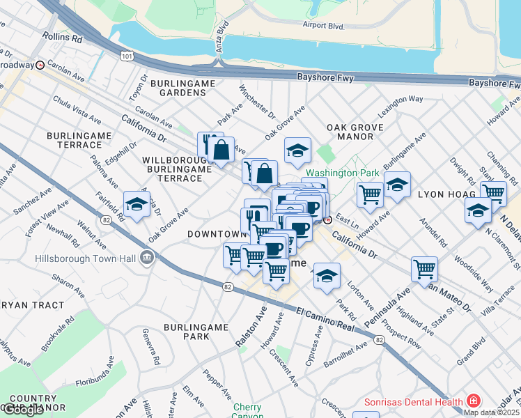 map of restaurants, bars, coffee shops, grocery stores, and more near 1121 Douglas Avenue in Burlingame