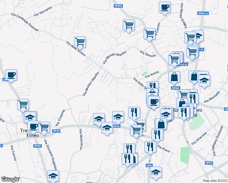 map of restaurants, bars, coffee shops, grocery stores, and more near 10 Via Ponente in Città metropolitana di Catania