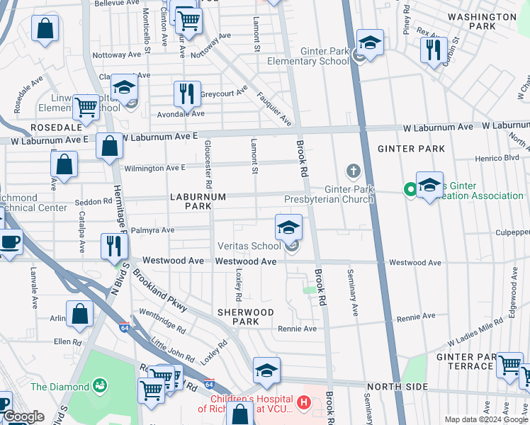 map of restaurants, bars, coffee shops, grocery stores, and more near 1216 Palmyra Avenue in Richmond