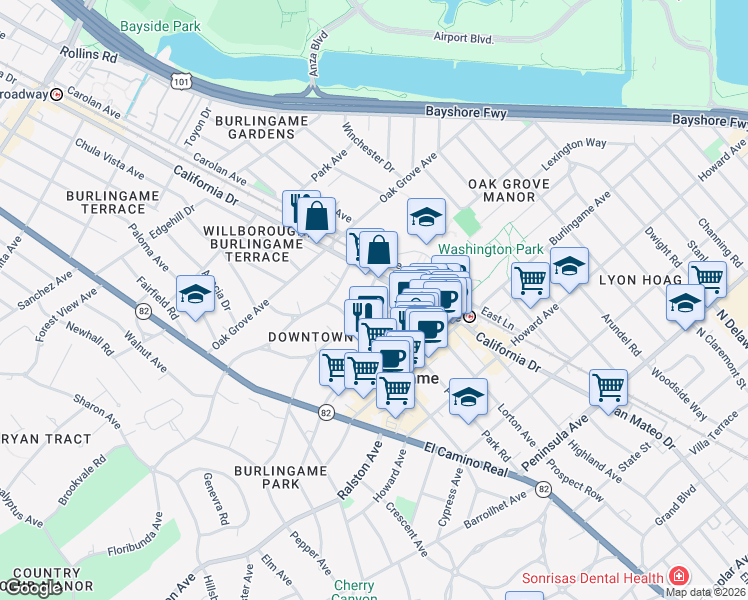 map of restaurants, bars, coffee shops, grocery stores, and more near 1121 Douglas Avenue in Burlingame