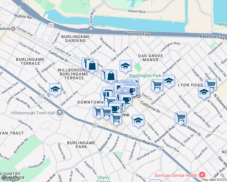 map of restaurants, bars, coffee shops, grocery stores, and more near 1210 Bellevue Avenue in Burlingame