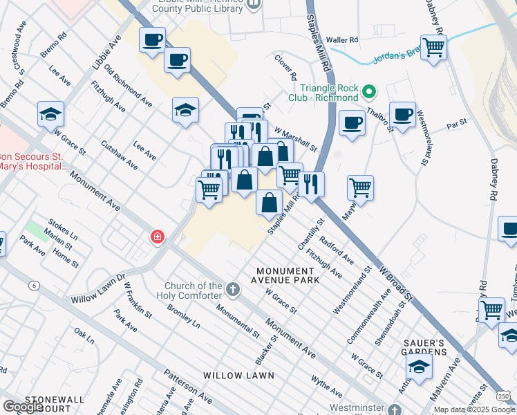 map of restaurants, bars, coffee shops, grocery stores, and more near 4914 Fitzhugh Avenue in Richmond