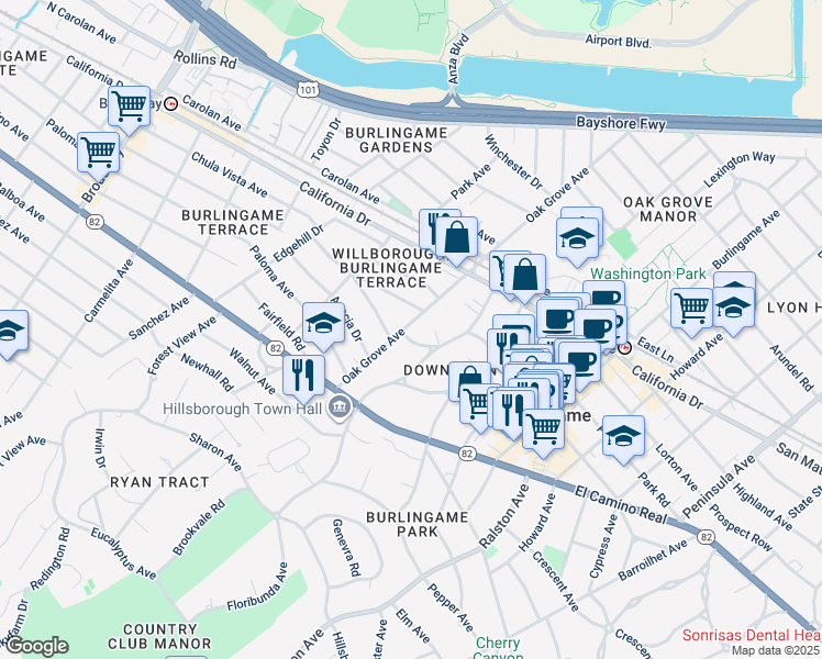 map of restaurants, bars, coffee shops, grocery stores, and more near 1285 Oak Grove Avenue in Burlingame