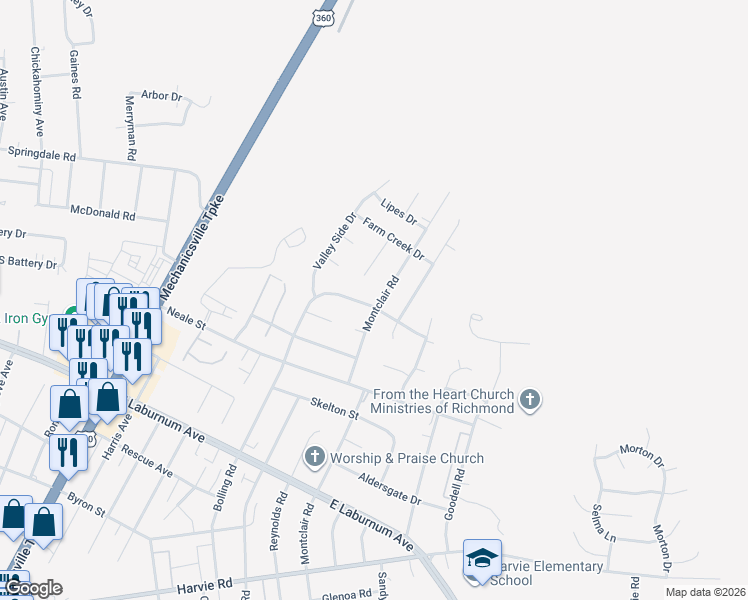map of restaurants, bars, coffee shops, grocery stores, and more near 4100 Farm Creek Terrace in Richmond