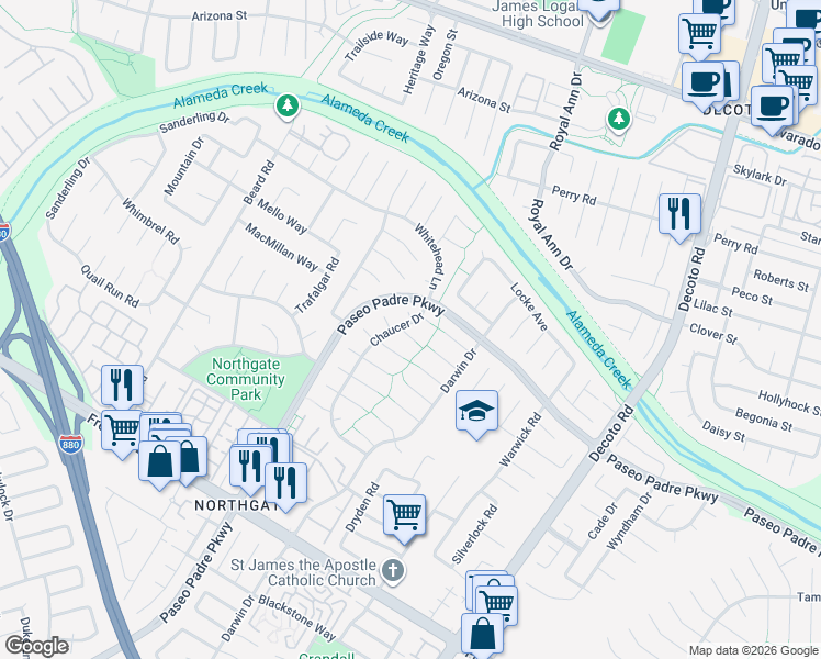 map of restaurants, bars, coffee shops, grocery stores, and more near 34348 Atteridge Court in Fremont