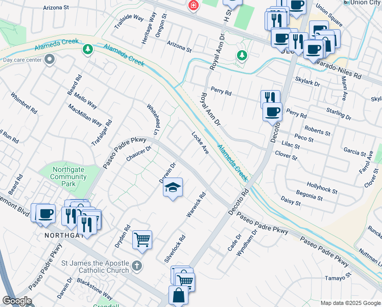 map of restaurants, bars, coffee shops, grocery stores, and more near 3069 Paine Court in Fremont